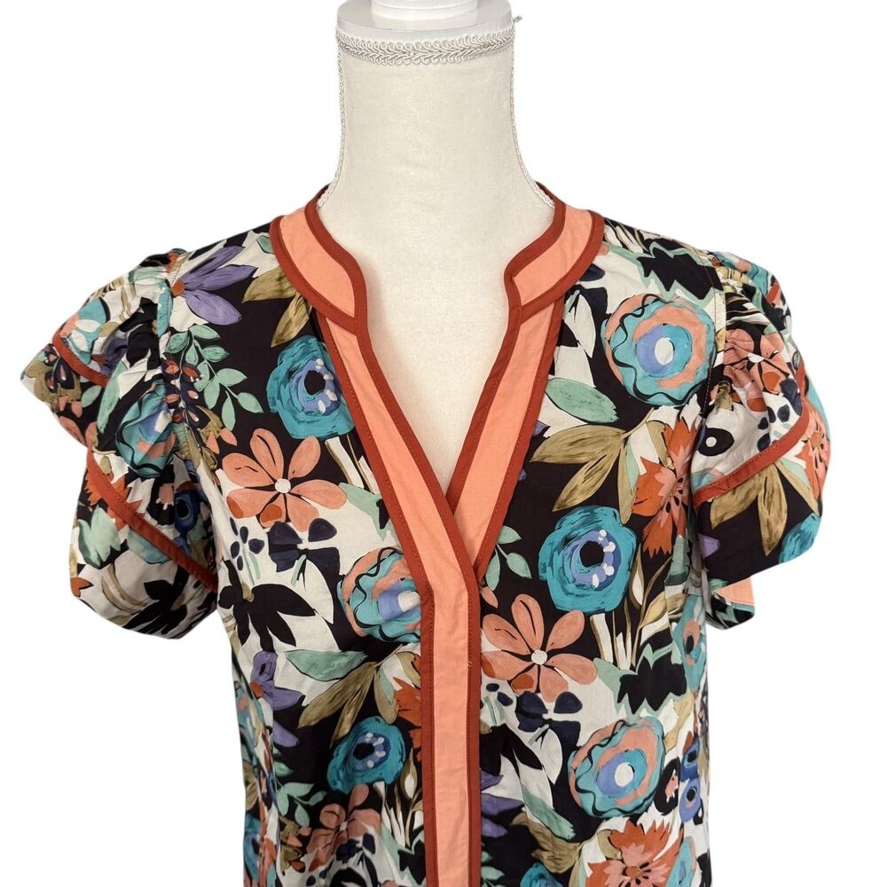 Entro Anthropologie Tropical Floral Ruffle Top Size Large Spring Summer - Picture 2 of 9